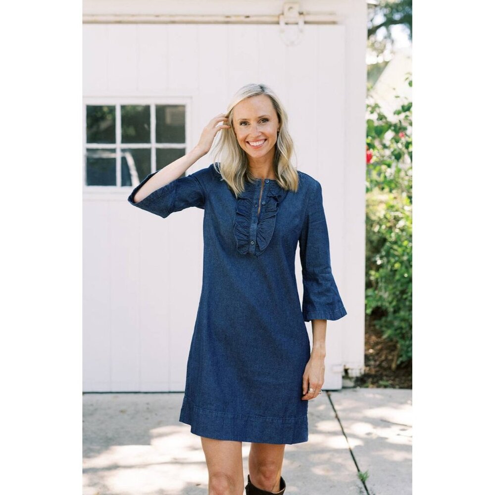 Draper James Indigo Denim Ruffle-Front Mini Dress